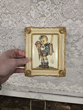 Vintage Hummel School Boy Framed Print Gold Ornate Frame